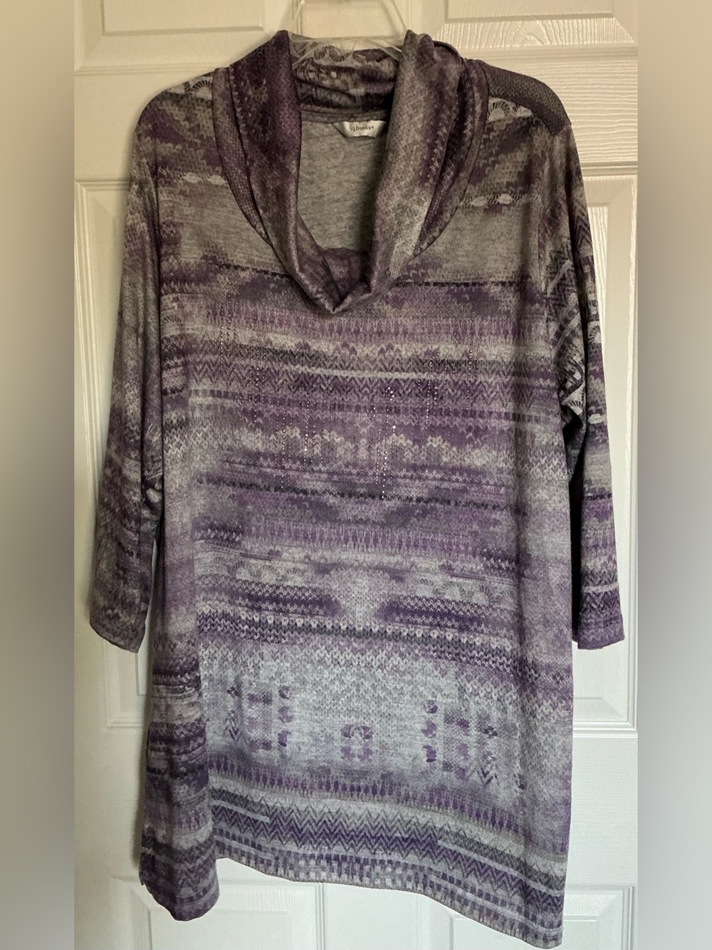 CJ Banks Tunic Top Women 3X Purple Gray Cowl Neck 3/4 Sleeve Knit Geometric